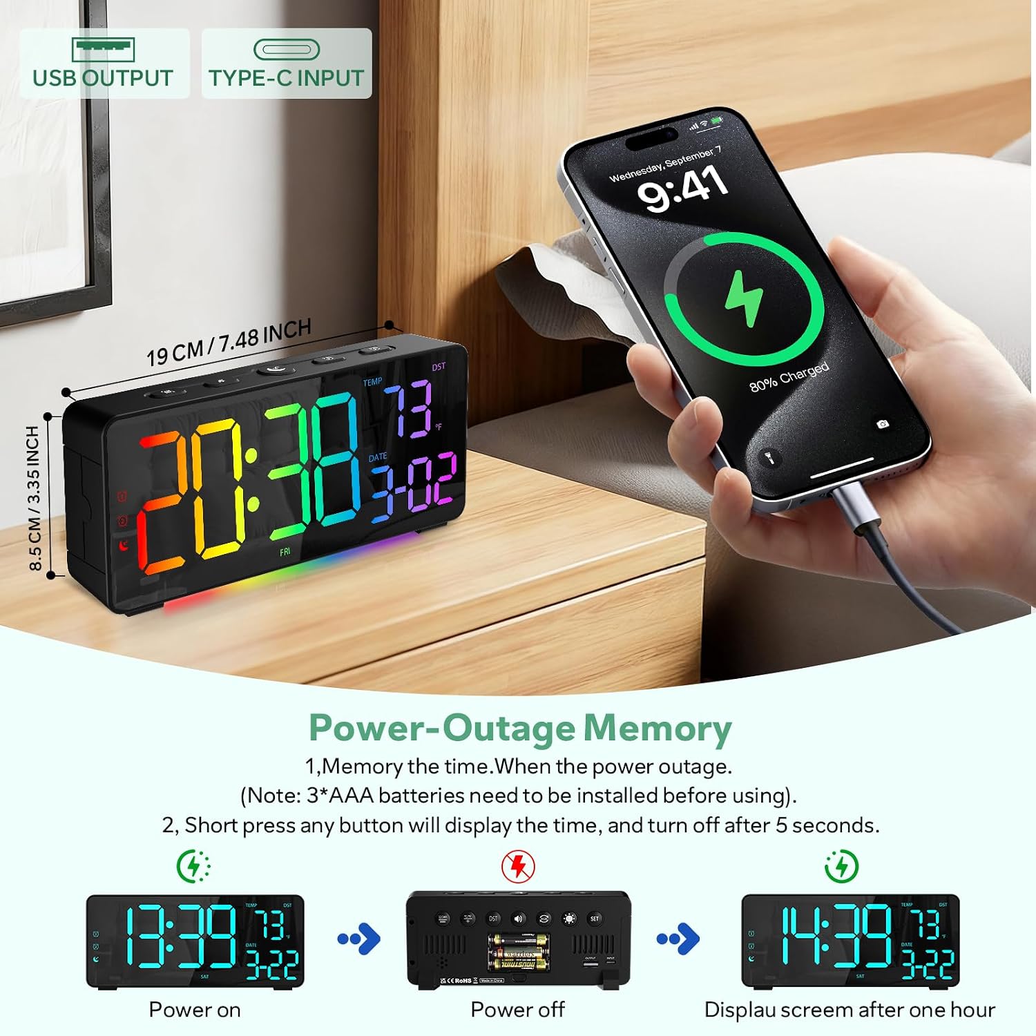 Digital Alarm Clocks For Bedrooms, Rgb Desk Clock With 15 Color Display, Date Temperature And Weekday, Dst, Snooze, 2 Alarms, Ambient Lighting For Living Room, Bedside Office Gaming Desk Decor