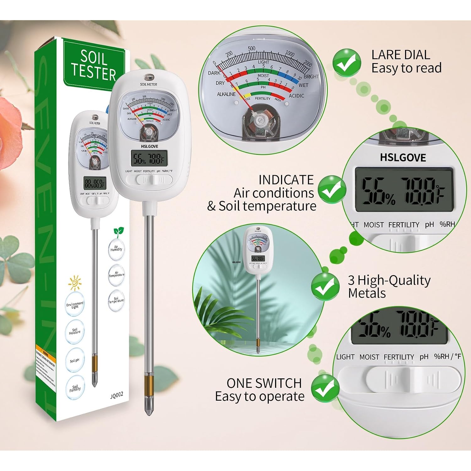 Hslgove Soil Test Kit, 7-In-One Soil Moisture Meter/Soil Ph Meter/Fertility, Dual Screen Soil Tester W/Digital Soil Temp/Air Temp&Humidity For Plants Gardening,Lawn,Farm Indoor&Outdoor-Lvory White