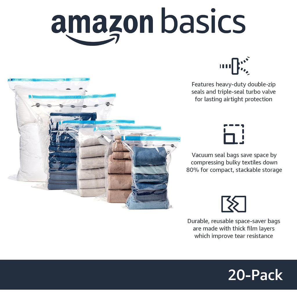 Amazon Basics Vacuum Storage Bags With Hand Pump For Travel, Space Saving Compression Bags For Clothes, Clothing, Blankets And Duvets, Clear, 20 Pack (5 Small, 5 Medium, 5 Large & 5 Jumbo)
