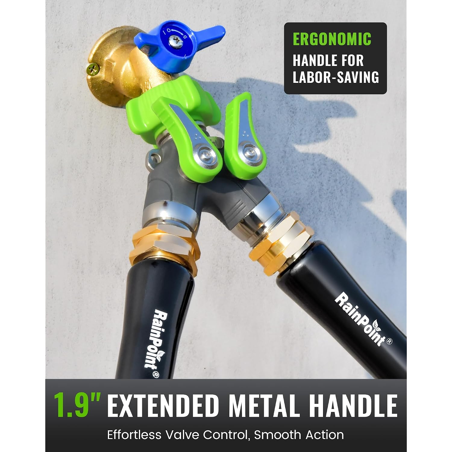 Rainpoint 2 Way Garden Hose Splitter | Heavy Duty Water Spigot Splitter With Shutoff Valves, 100% Metal Body, 1.9" Extra Long Metal Handle, 3/4" Ght Thread