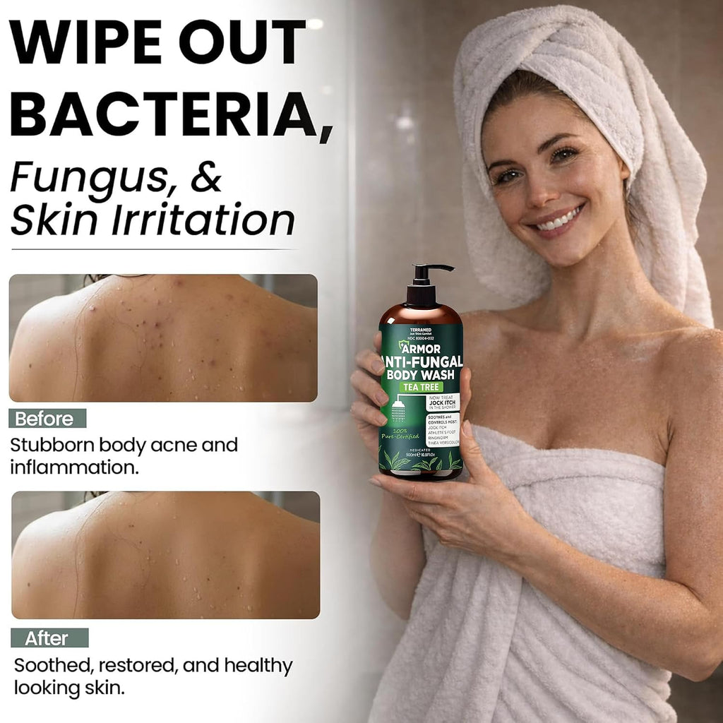 Antifungal Body Wash With Tea Tree Oil | Antifungal Soap For Back Acne,Treats Ringworm, Eczema & Jock Itch | Antifungal Body Soap For Men And Women | Includes Silicon Scrubber (16.9 Oz)