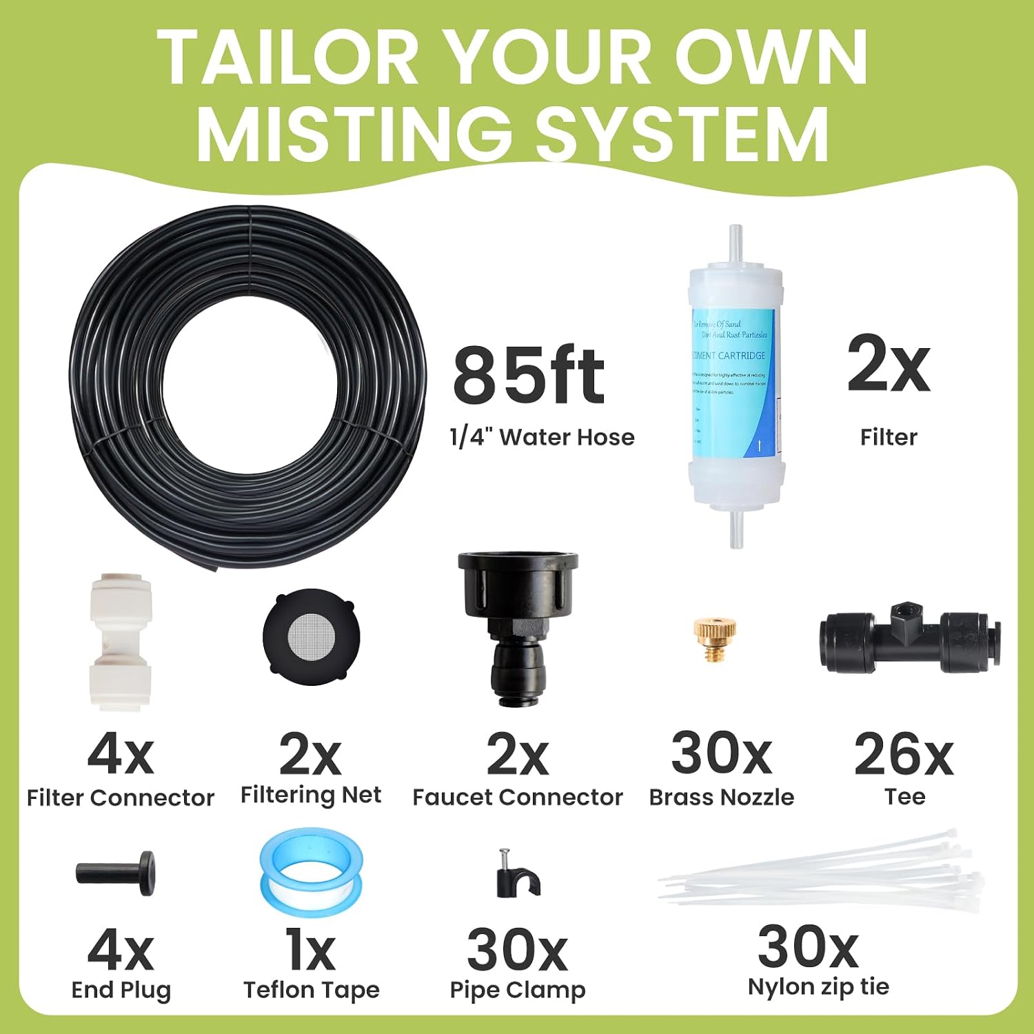 85Ft Mister For Outside Patio Misting Cooling System, 85Ft (26M) Misting Line+26 Brass Mist Nozzles+Water Filter, Outdoor Mister System For Garden Greenhouse Trampoline Waterparke