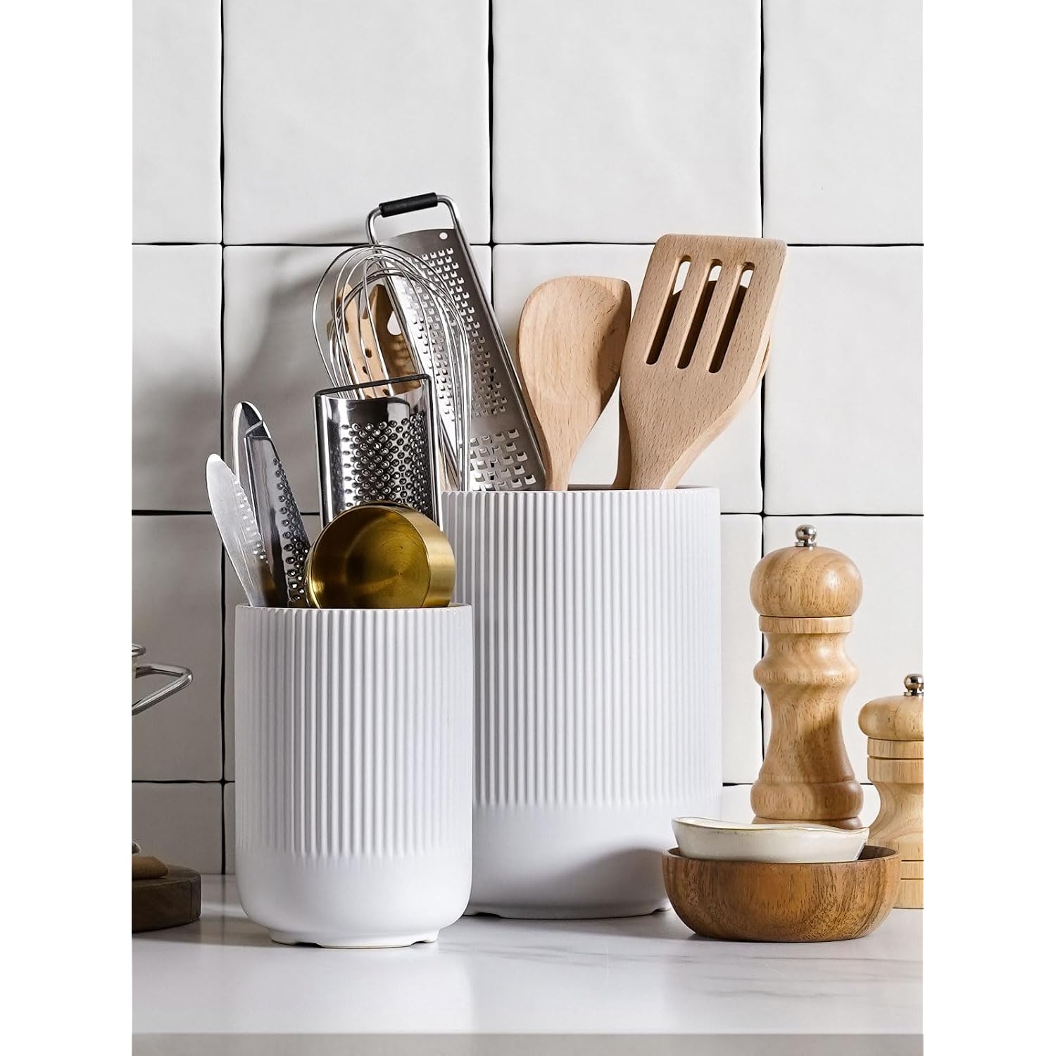 Le Tauci Utensil Holder For Kitchen Counter, 7.3"+5.4" Fluted Ceramic Utensil Crock Organizer For Countertop, Heavy Large Holder For Spatulas, Spoons, Set Of 2, White, Kitchen Counter Decor