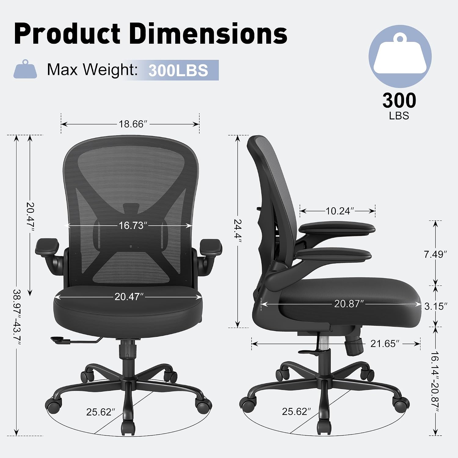 Ergonomic Office Chair With Adjustable Lumbar Support, 300 Lbs Swivel Desk Chair With Flip-Up Arms, Mesh Comfy Padded Seat For Computer And Home, Black