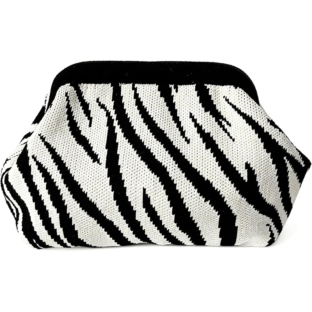 Zebra Print Purse For Women,Knitted Striped Crossbody Dumpling Clutch Bag,White And Black Crochet Cloud Handbag For Summer Beach,Evening Party