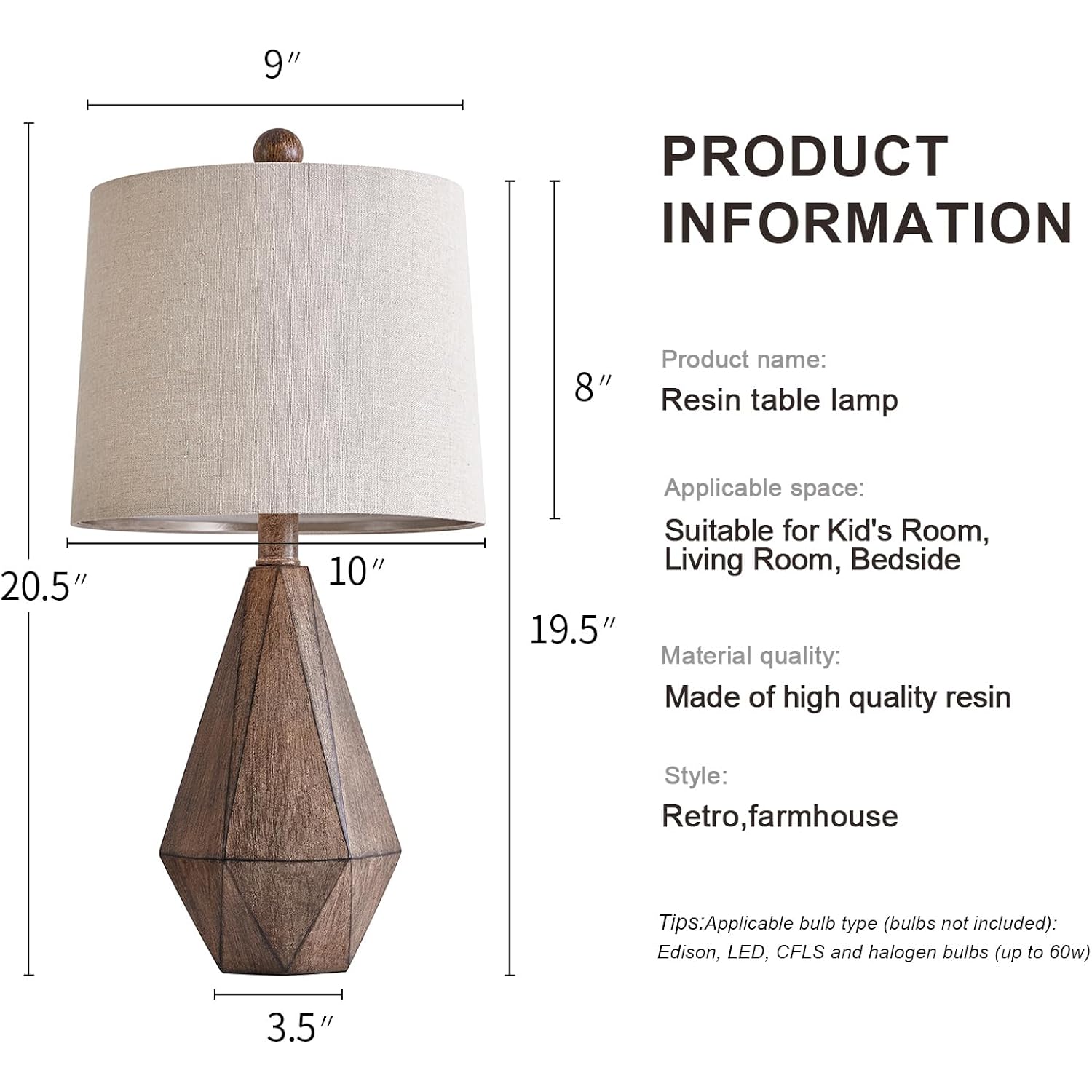 Pokat 20.25" Retro Farmhouse Table Lamp Set Of 2, Small For Bedside, Brown | Rustic Bedroom Lamps For Nightstand, Natural Resin, Compact Design, Rustic Home Decor For End Table And Hallway