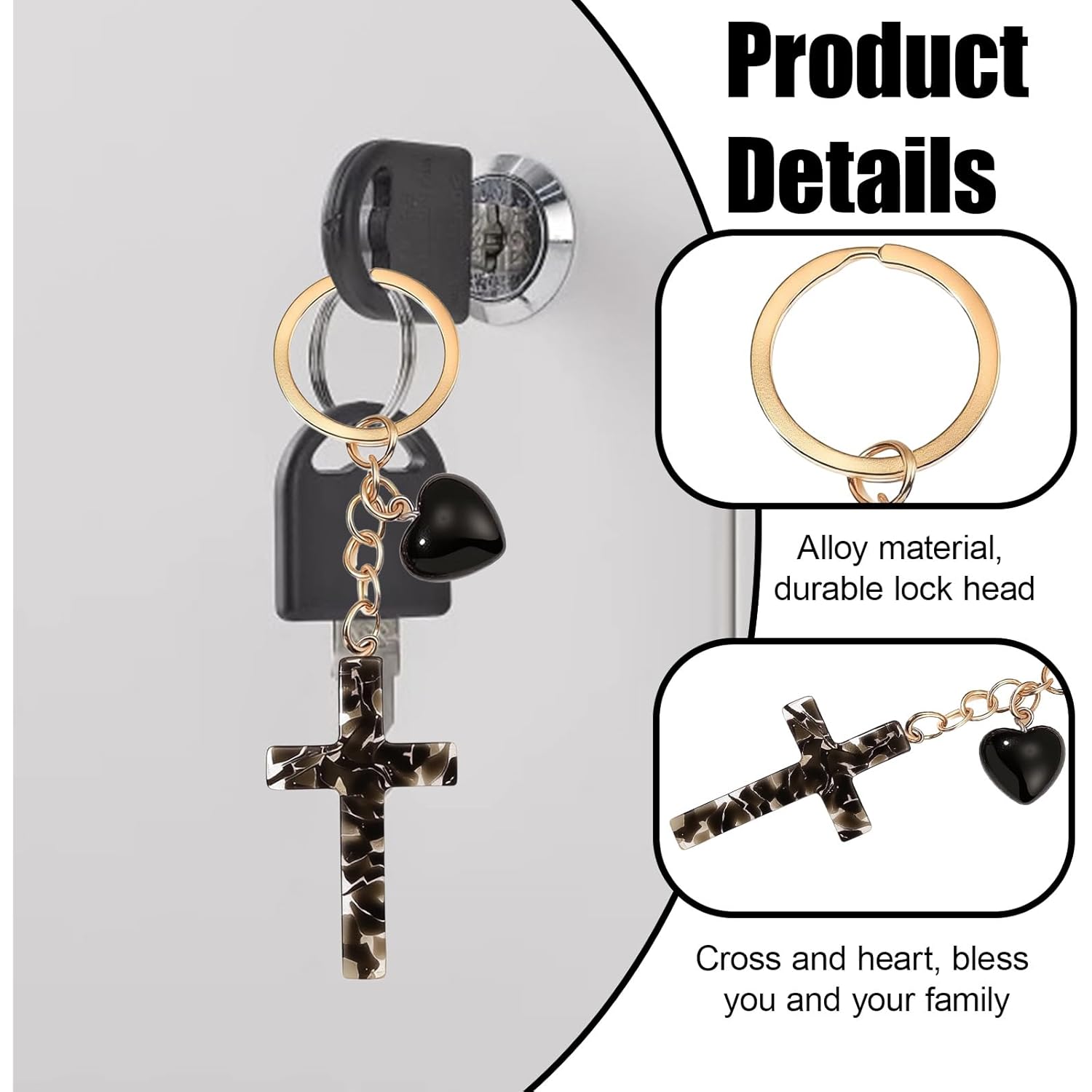 Gold Tone Key Ring with Black Heart Charm, Cross Keychain for Women Vintage Cross Key Chains for Car Key Rings Purse Backpacks Handbags