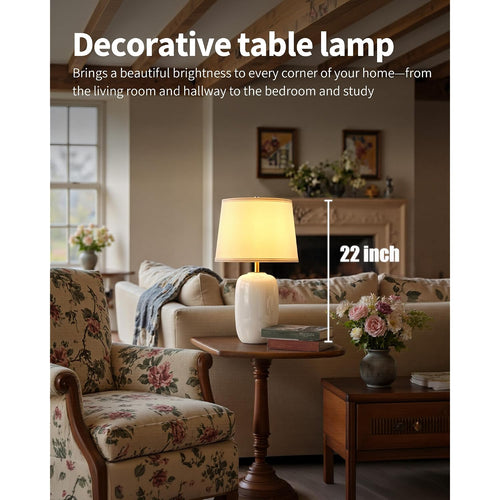 22 Inch White Ceramic Table Lamps Set Of 2, Fabric Lampshade Living Room Office Desk Lamp, E26 Socket Rotary Switch Lighting For Bedroom, Nightstand, Reading, Office, Study, Corner, Home Decor