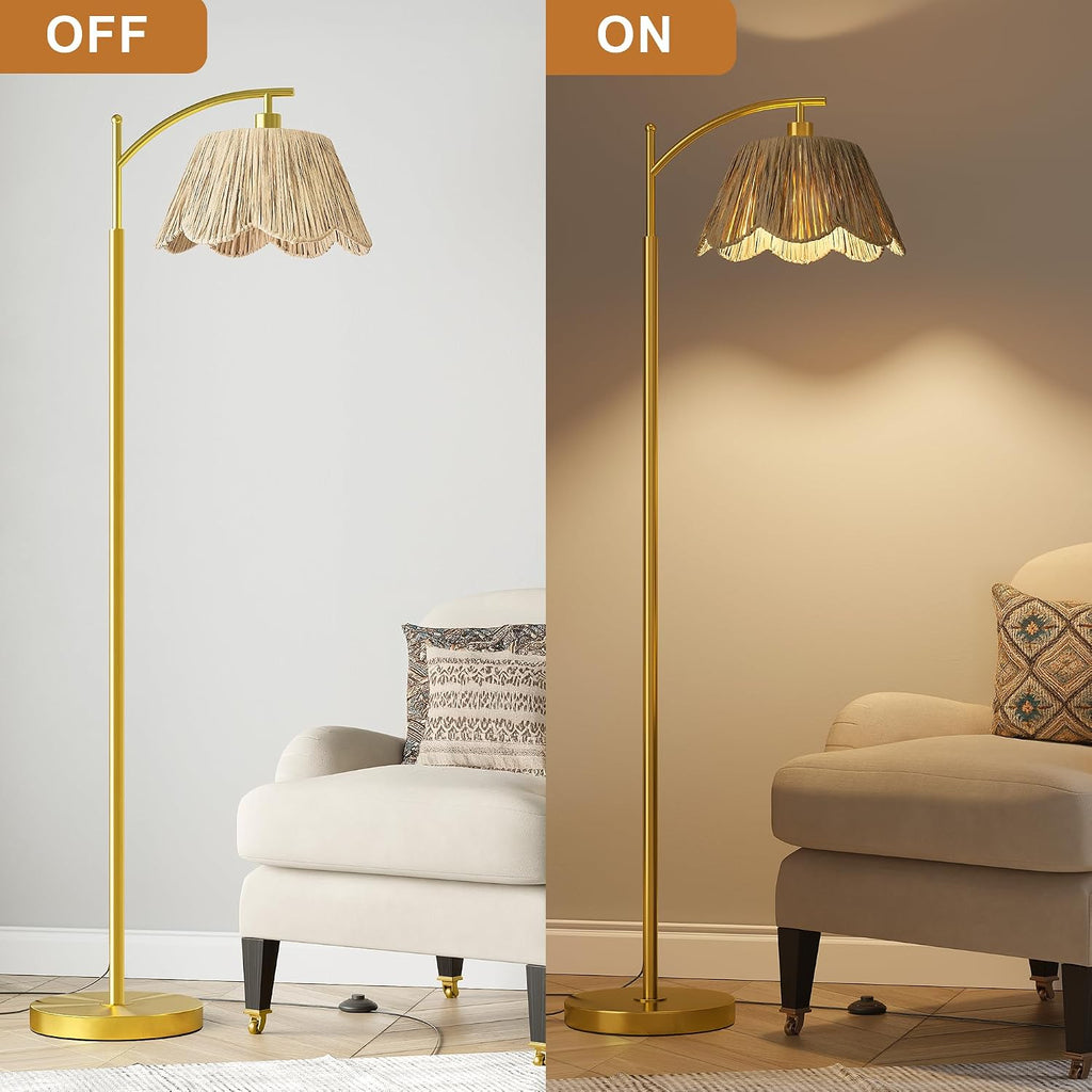 Arc Floor Lamp For Living Room,Rattan Boho Floor Lamp Decor With Hand-Woven Shade, Foot Switch,Gold Metal Base & Pole,Farmhouse Standing Lamp For Bedroom Corner,Reading