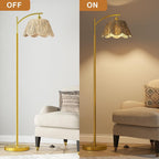 Arc Floor Lamp For Living Room,Rattan Boho Floor Lamp Decor With Hand-Woven Shade, Foot Switch,Gold Metal Base & Pole,Farmhouse Standing Lamp For Bedroom Corner,Reading