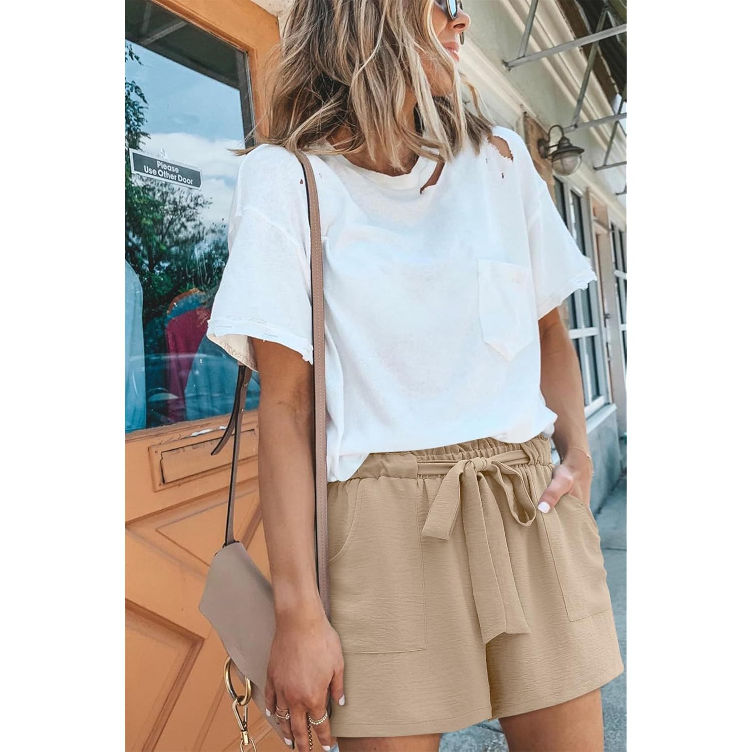 Womens Summer Shorts with Pockets Lightweight High Waisted Adjustable Tie Knot Loose Casual Short