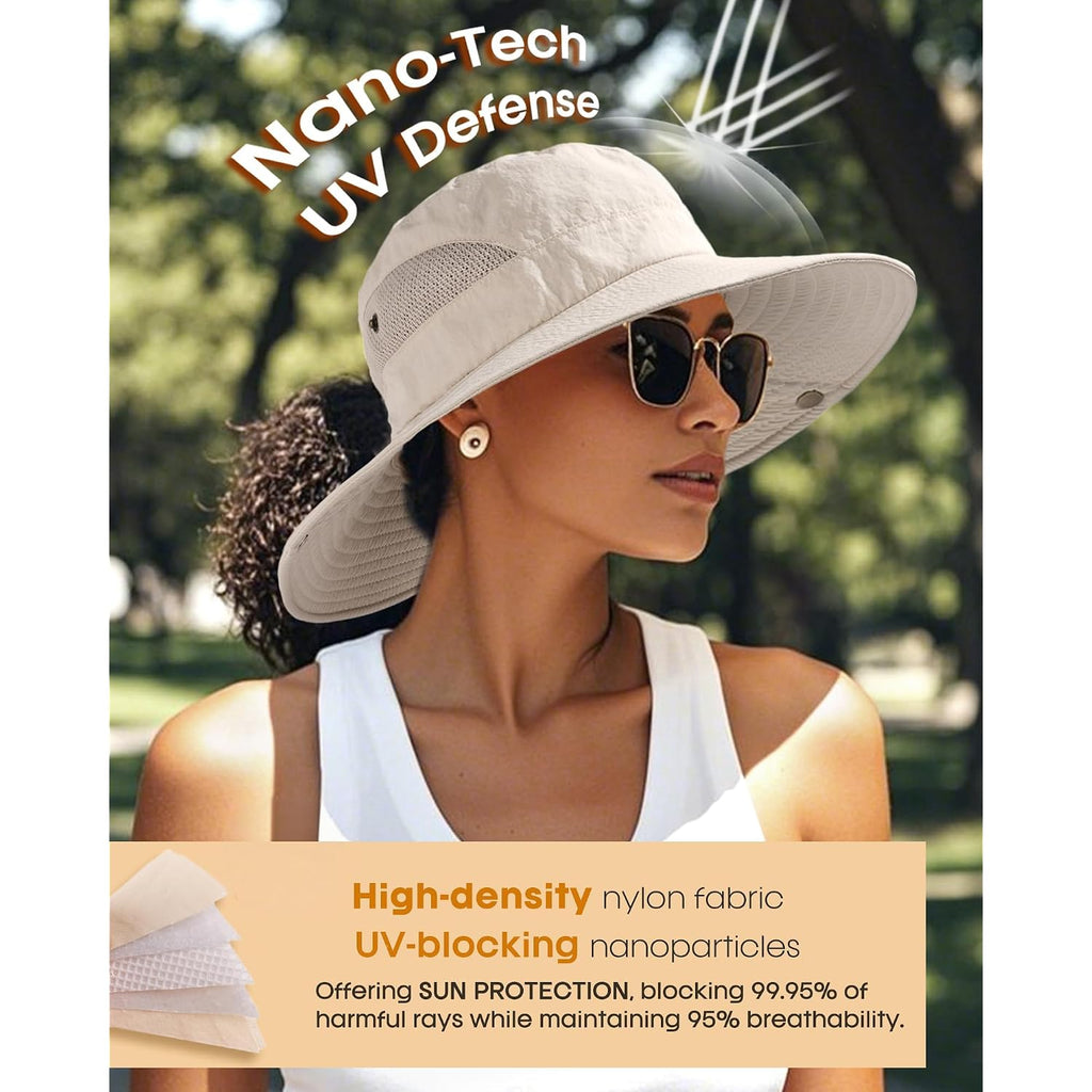 FURTALK Womens Sun Hat with Ponytail Hole Beach Hiking Summer Wide Brim UPF 50+ Outdoor Protection Foldable Bucket Hat Beige