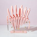 Paris Hilton Knife Block Set With Fan Style Clear Acrylic Knife Block, Premium Stainless Steel Blades With Nonstick Coating, Comfort Grip Handles, 16-Piece Set, Pink And Gold