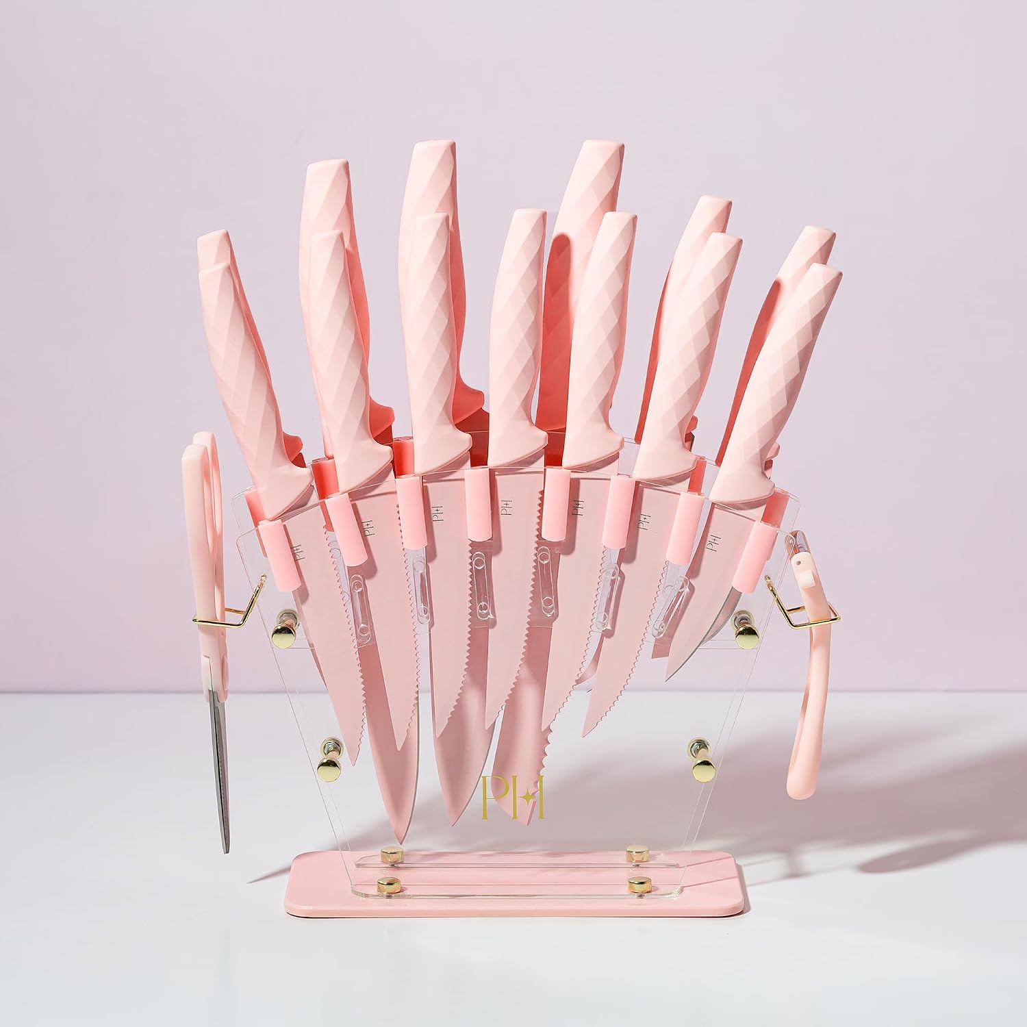 Paris Hilton Knife Block Set With Fan Style Clear Acrylic Knife Block, Premium Stainless Steel Blades With Nonstick Coating, Comfort Grip Handles, 16-Piece Set, Pink And Gold