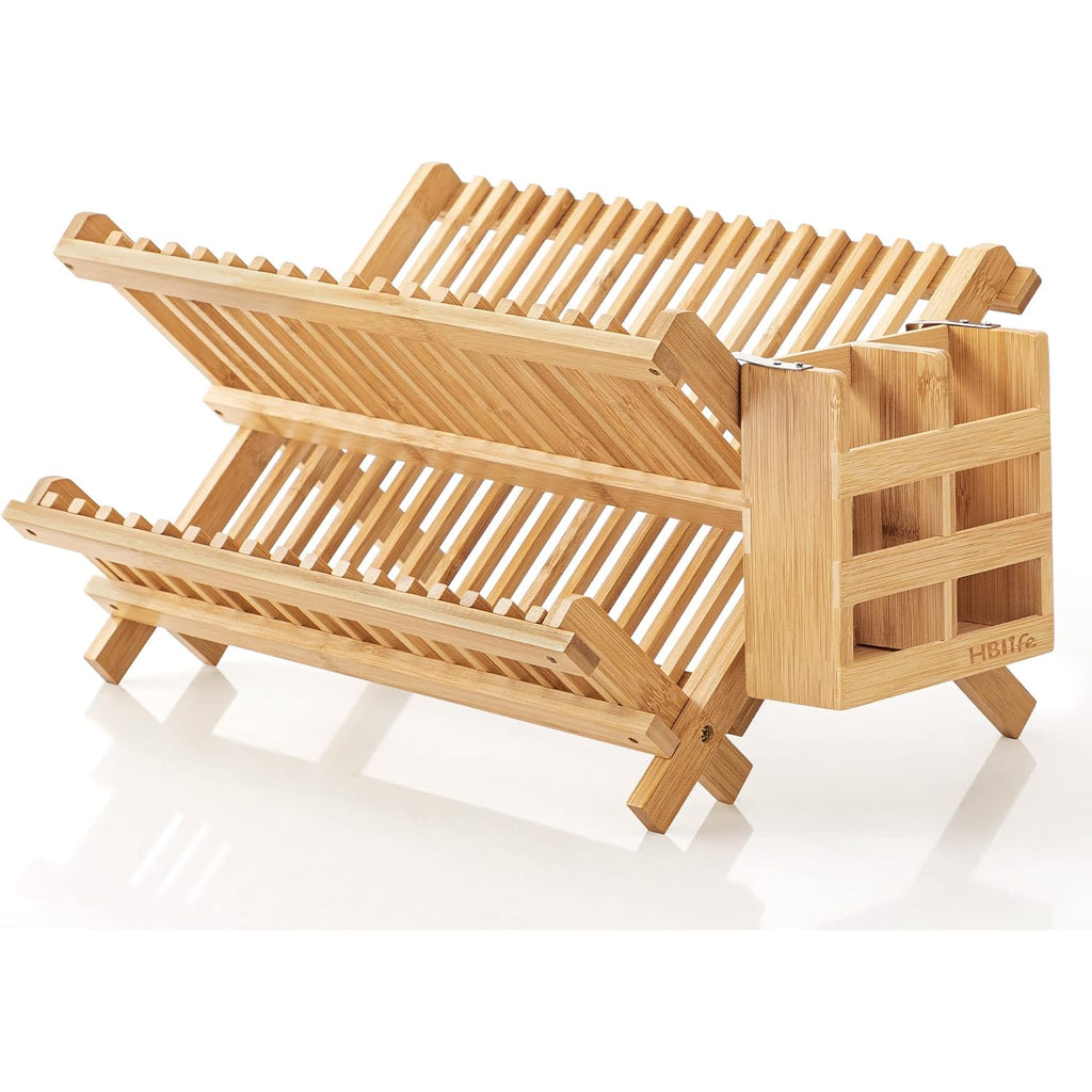 Hblife Dish Rack, Bamboo Folding 2-Tier Collapsible Drainer Dish Drying Rack With Utensils Flatware Holder Set (Dish Rack With Utensil Holder)