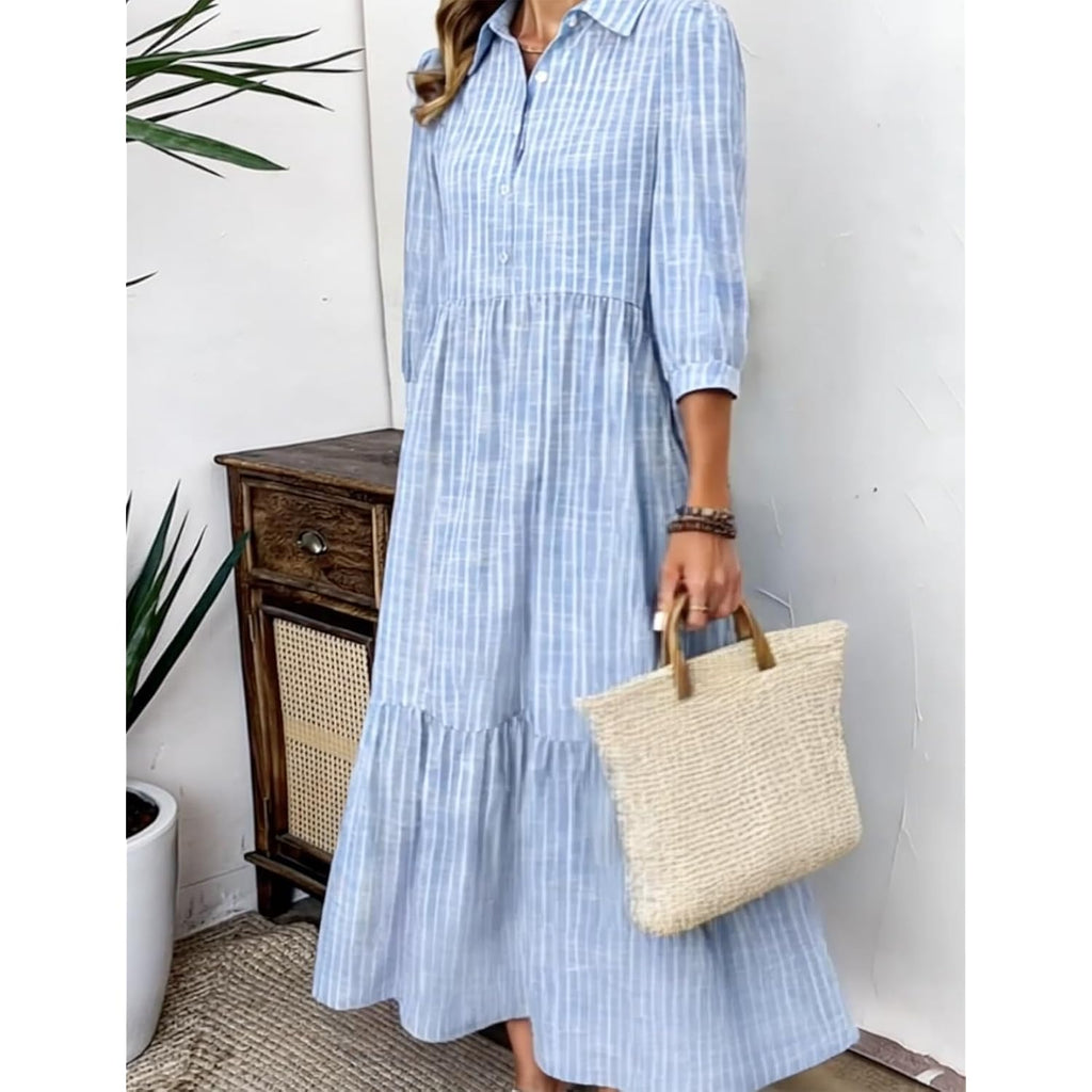 Xnc Women'S Blue And White Striped Shirt Maxi Dress 2026 Spring Fashion Collared Boho Breezy Print 3/4 Sleeve Long Dresses