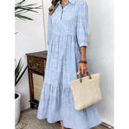 Xnc Women'S Blue And White Striped Shirt Maxi Dress 2026 Spring Fashion Collared Boho Breezy Print 3/4 Sleeve Long Dresses