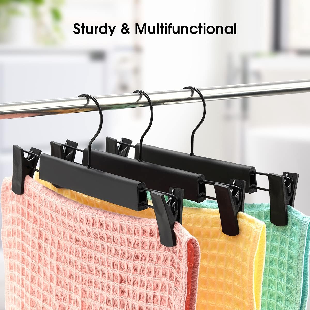 Guanjune 10 Pack Clothes Pants Hangers, Space-Saving Skirt Holders With 360 ° Swivel Hooks, Adjustable Clips, Trouser Coat Garment Jeans Black