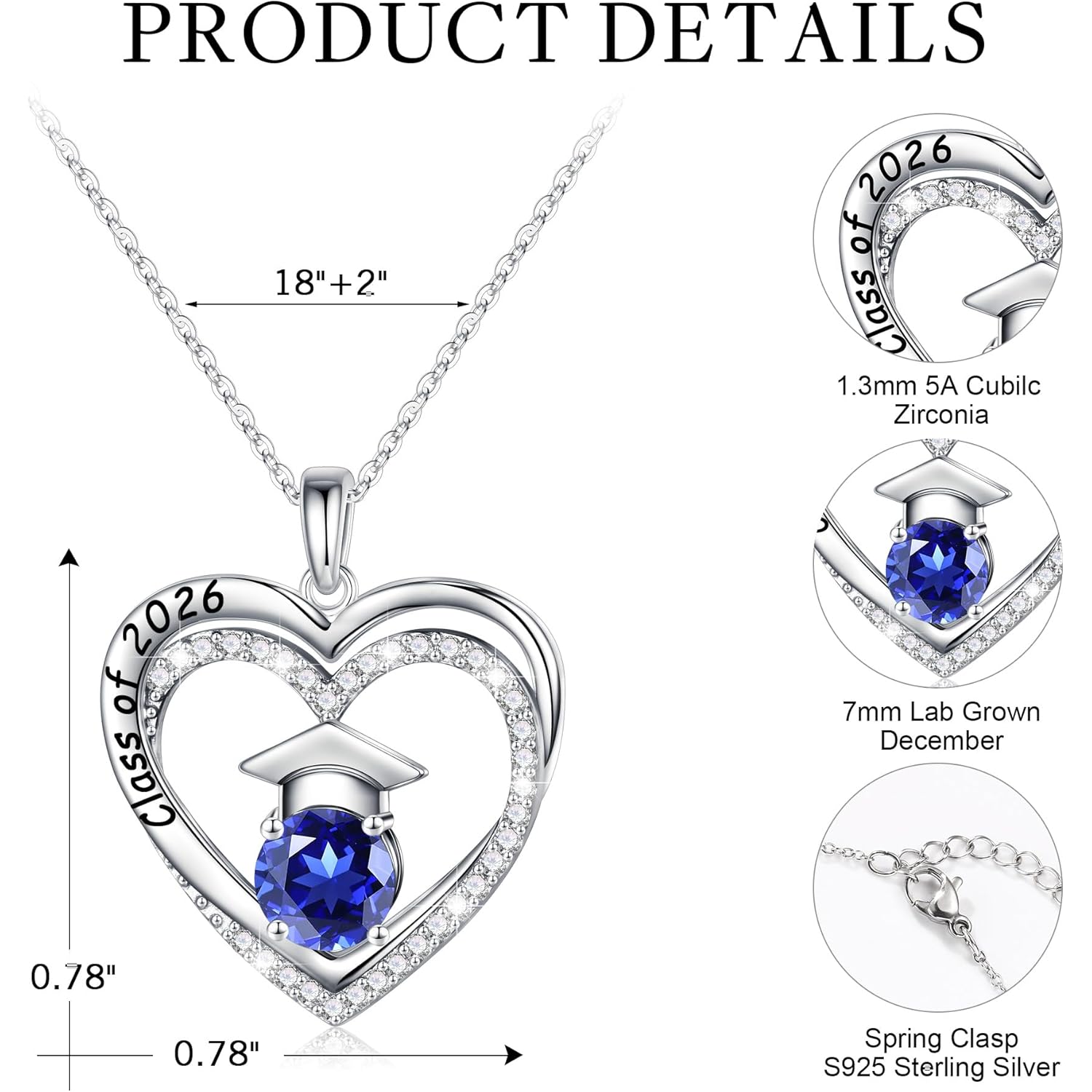 Ursilver Graduation Gifts for Her 2026, S925 Sterling Silver Birthstone Necklace Engraved Class of 2026 Pendant Necklaces College Graduation Gifts for Her