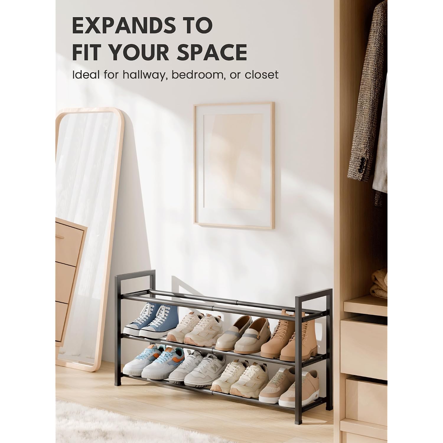 3-Tier Expandable Shoe Rack For Closet, 18“-33” Adjustable Shoe Rack For Small Space, Small Shoe Organizer For Front Door, Sturdy Metal, Black
