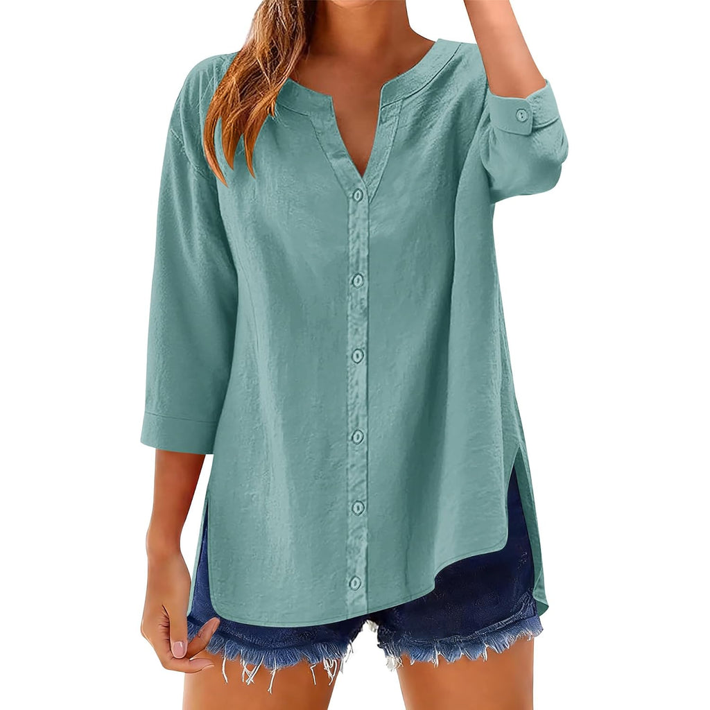 Lomon 3/4 Length Sleeve Womens Tops V Neck 3/4 Sleeve Sides Slit Button Down Shirts Cotton Linen Casual Loose Blouses