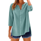 Lomon 3/4 Length Sleeve Womens Tops V Neck 3/4 Sleeve Sides Slit Button Down Shirts Cotton Linen Casual Loose Blouses