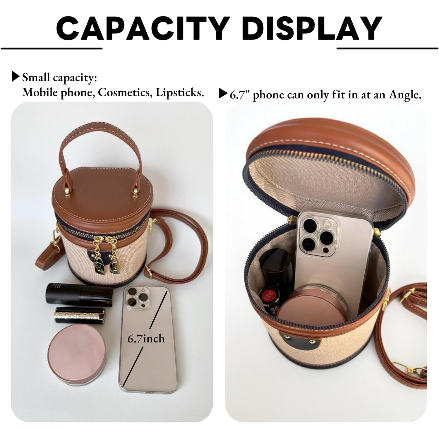 Retro Bucket Bag Color Contrast Cylinder Purse | Senior Sense Style, Single Shoulder Crossbody, Zipper Closure, 4.7X6