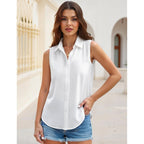 Women's Sleeveless Button Down Blouse, Solid V Neck Classic Collared Tank Top, Casual Work Office Chiffon Shirt