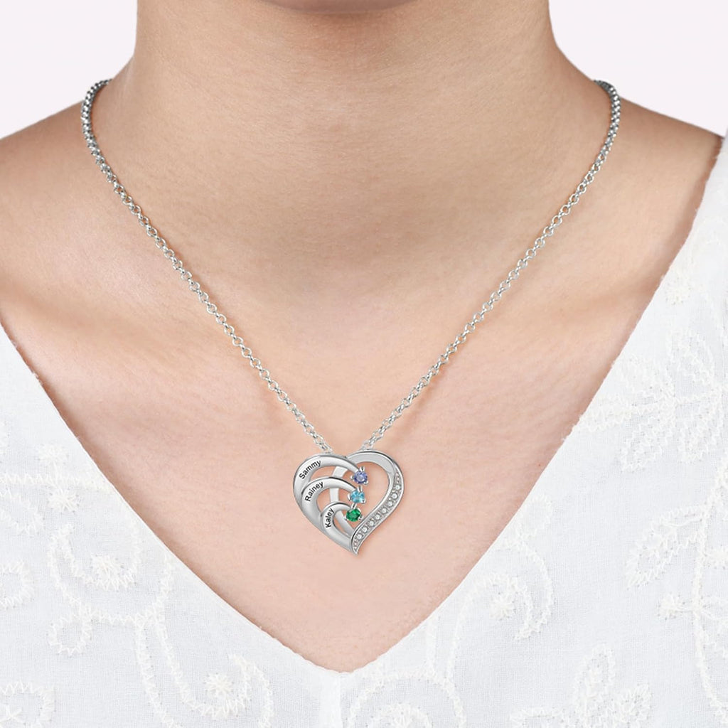 925 Sterling Silver Personalized Mother Necklace with 2-6 Birthstone Necklaces for Women Mothers Day Gifts for Mom Grandma Wife, Engraved Names Heart Charm Pendant for Birthday Anniversary