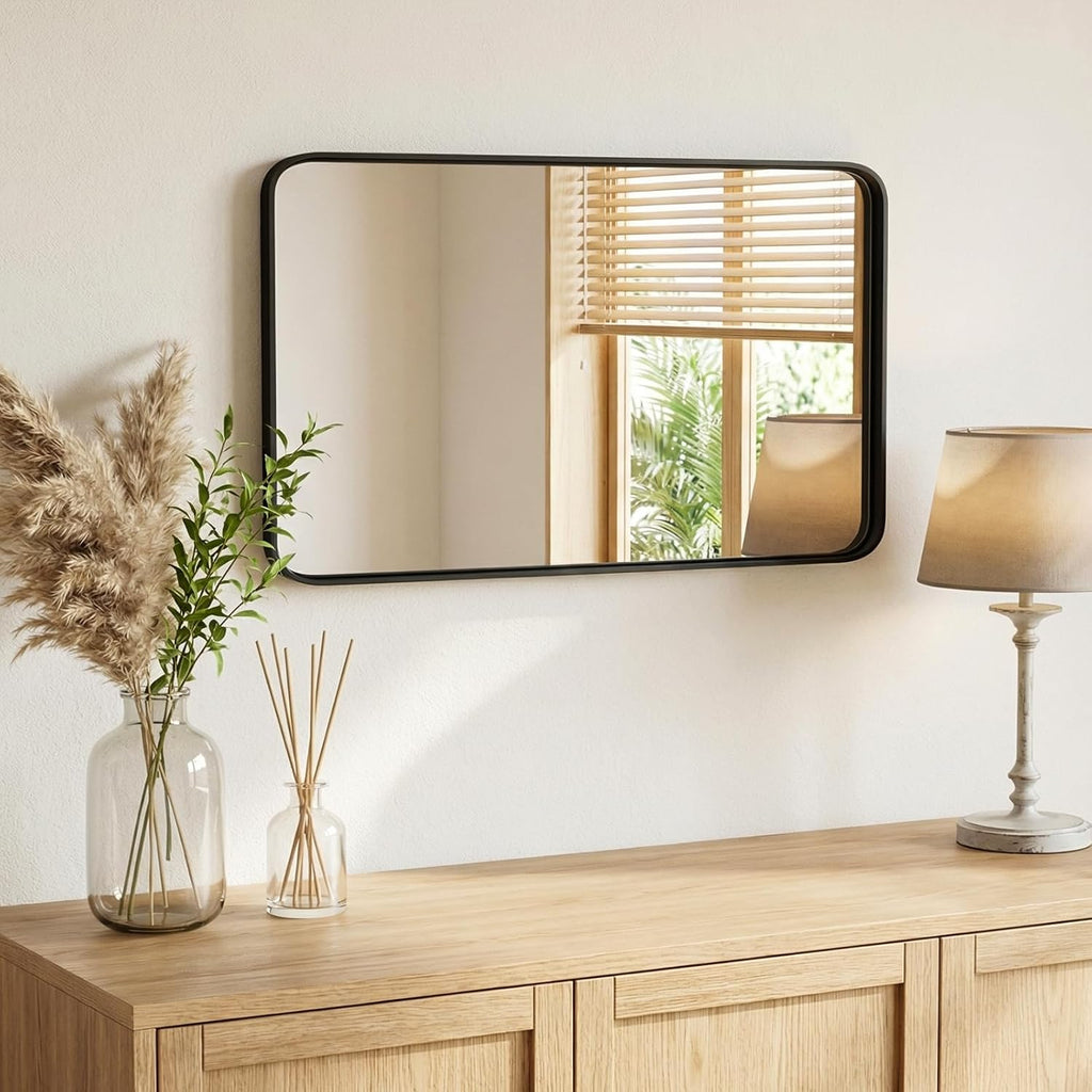 Sweetcrispy Bathroom Wall Mirror, 36X24 Inch Mirror For Over Sink, Black | Modern Wall Mount Vanity Mirror Rounded Rectangle With Matte Brush Metal Framed, For Home Decor, Living Room, Bedroom