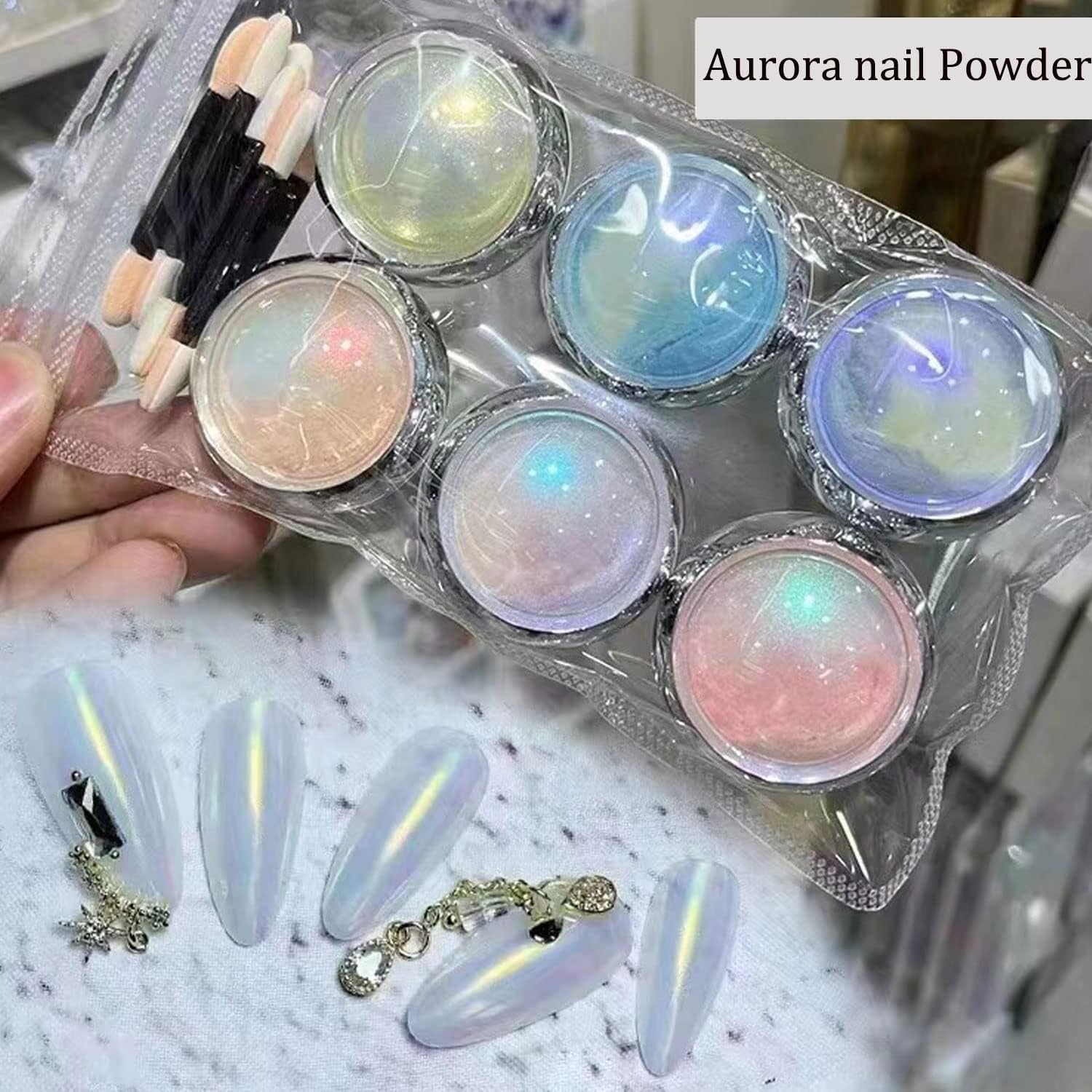 6 Jars Mermaid Chrome Nail Powder Aurora Nail Glitter Metallic Mirror Effect Pigment Iridescent Dust Nail Art Powder for Women Girls Nail Art Supplies Chrome Gel Nail Polish Nail Decoration