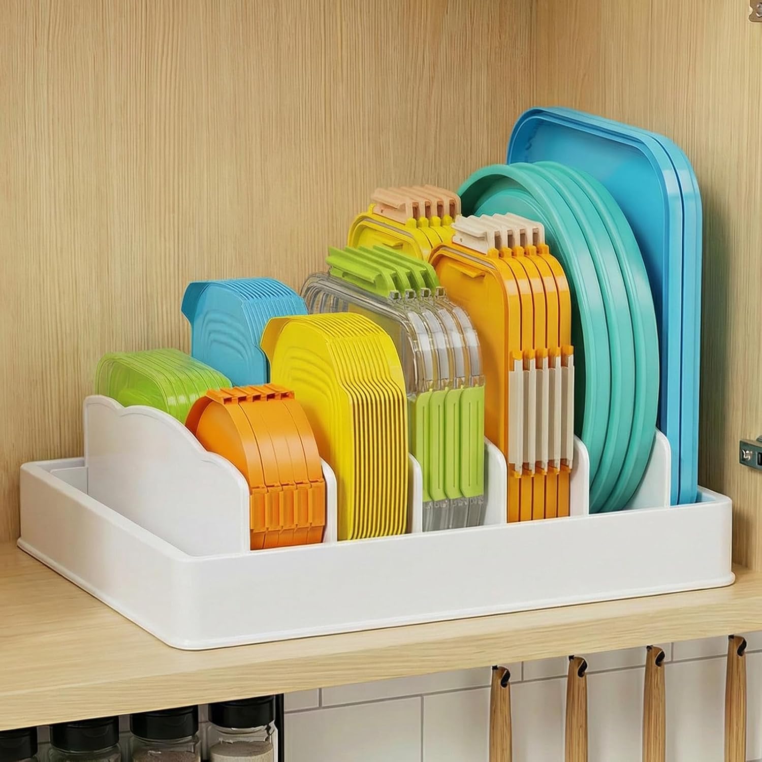 Lifewit Kitchen Cabinet Organizer For Food Contanier Lid, Lid Holder With 6 Adjustable Dividers & 7 Sections For Pantry Organizers And Storage, Home Drawer Organization, Large, 13" X 10"