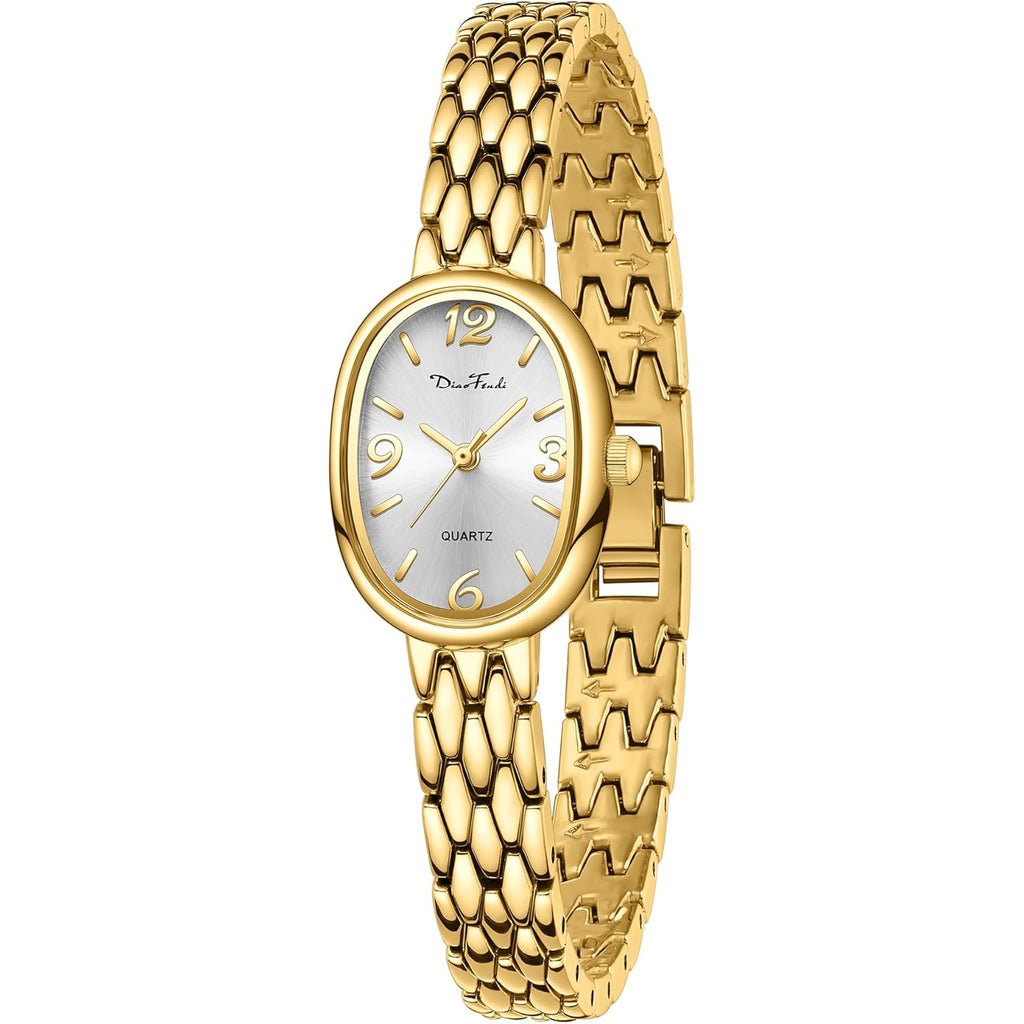 Diaofendi Petite Vintage Oval Gold Women’s Watch, Waterproof Elegant Watch with Japanese Quartz Movement, Adjustable Strap with Tool