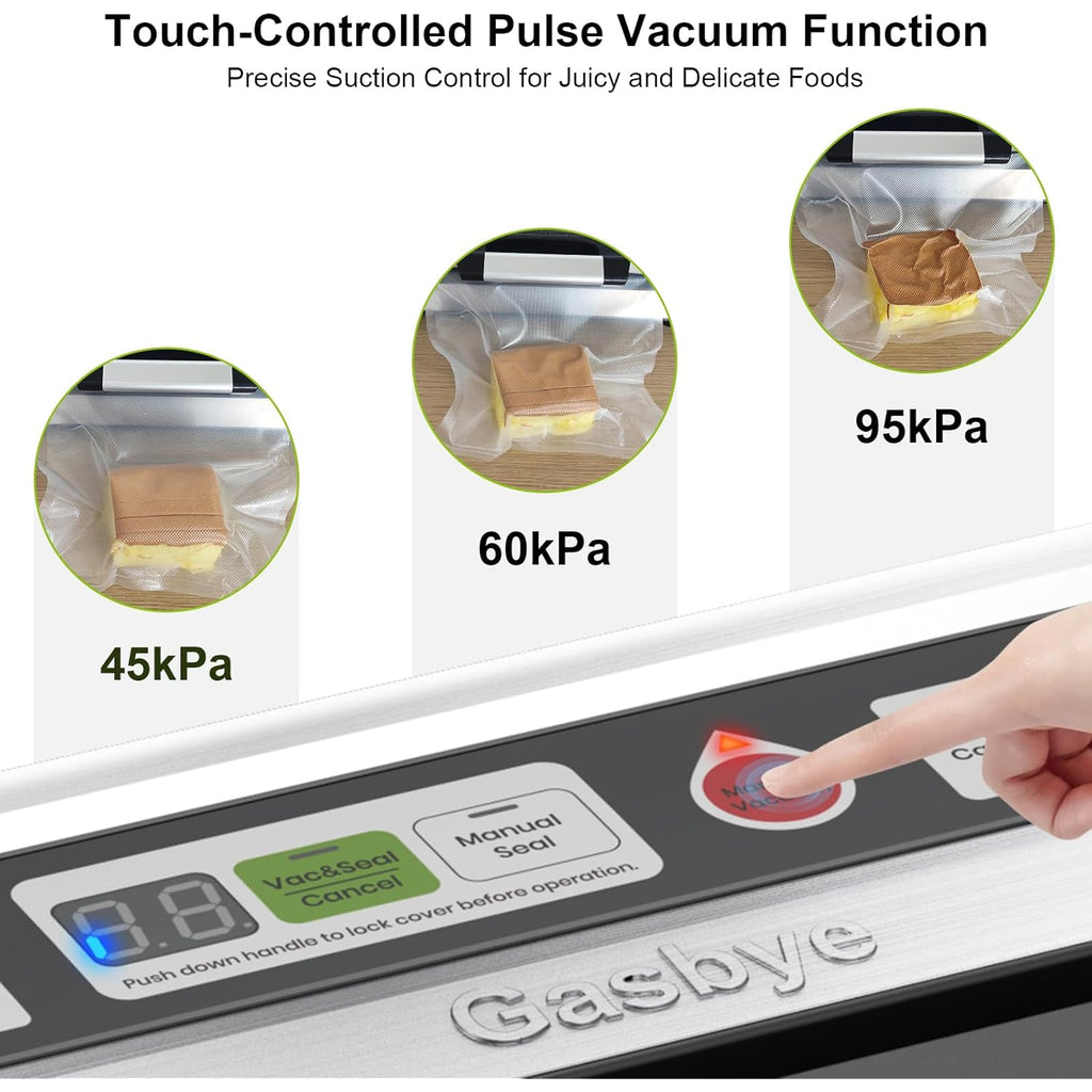 Gasbye 95kPa Precision Vacuum Sealer Machine, Double Heat Seal for Dry/Moist Food, Easy-Lock Handle, Built-in Bag Storage & Cutter, Progress Display, Pulse Mode, Removable Drip Tray, Silver