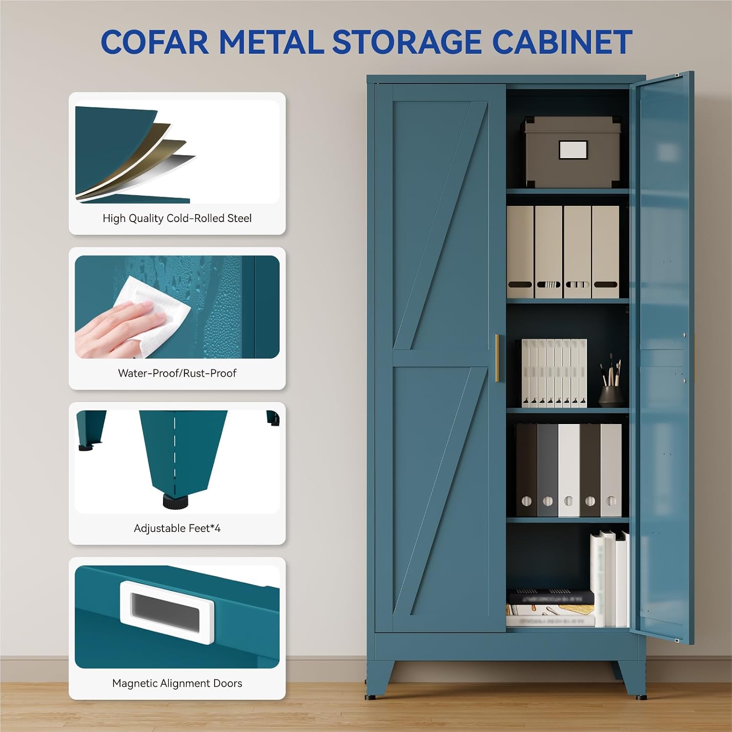 Cofar 71'' Tall Metal Storage Cabinet, Farmhouse Kitchen Pantry Cabinet With Doors And 4 Adjustable Shelves, Metal Pantry Storage Cabinets For Kitchen, Laundry, Peacock Blue 5-Tier