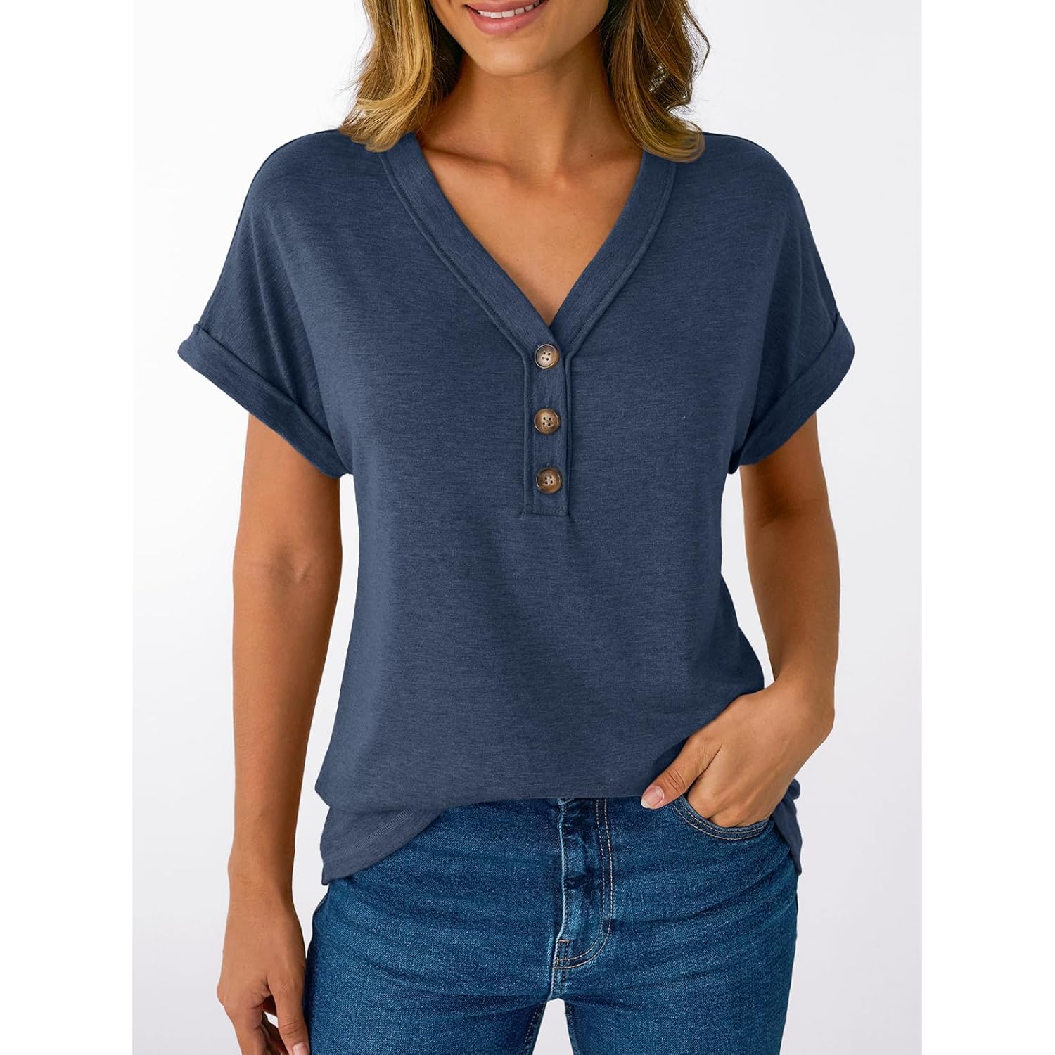 Short Sleeve V Neck T Shirts Womens Summer Business Casual Dressy Tops 2026 Henley Loose Fit Basic Spring Outfit