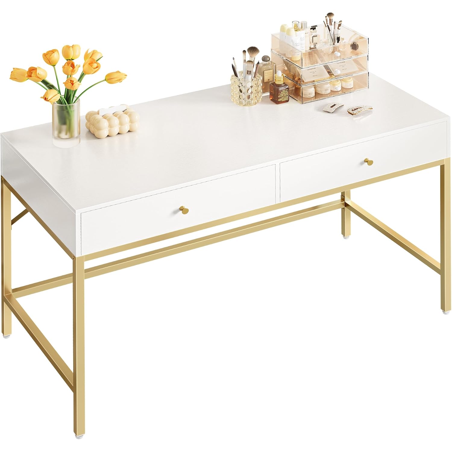 Superjare Vanity Desk With Drawers, 47 Inch Computer Desk, Modern Simple Home Office Desks, Makeup Dressing Table For Bedroom - White And Gold