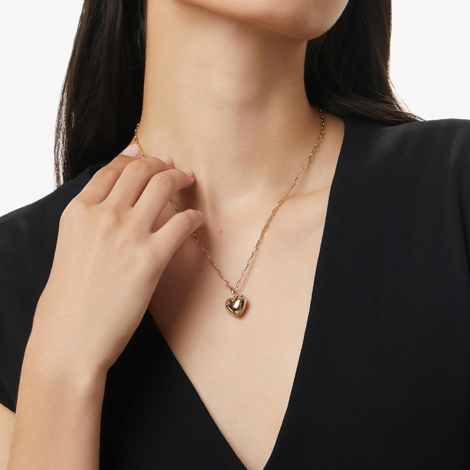 Ana Luisa Lev Puffy Heart Necklace for Women - Paperclip Chain w/ 14K Gold Plated & Silver Rhodium Plated Small Puffed Heart Pendant - Hypoallergenic, Water-Resistant, Tarnish-Free Jewelry