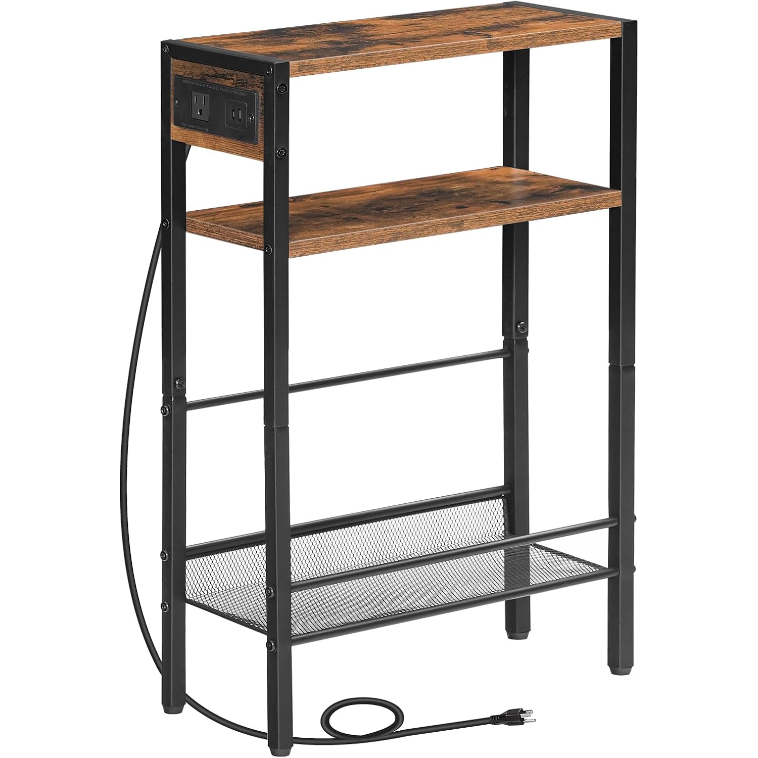 Hoobro Small Narrow Side Table With Charging Station, Skinny End Table For Small Spaces, Slim Nightstand With Usb Ports Outlet, Sofa Beside Table With Storage Shelf, Rustic Brown And Black Bf102Ubz01