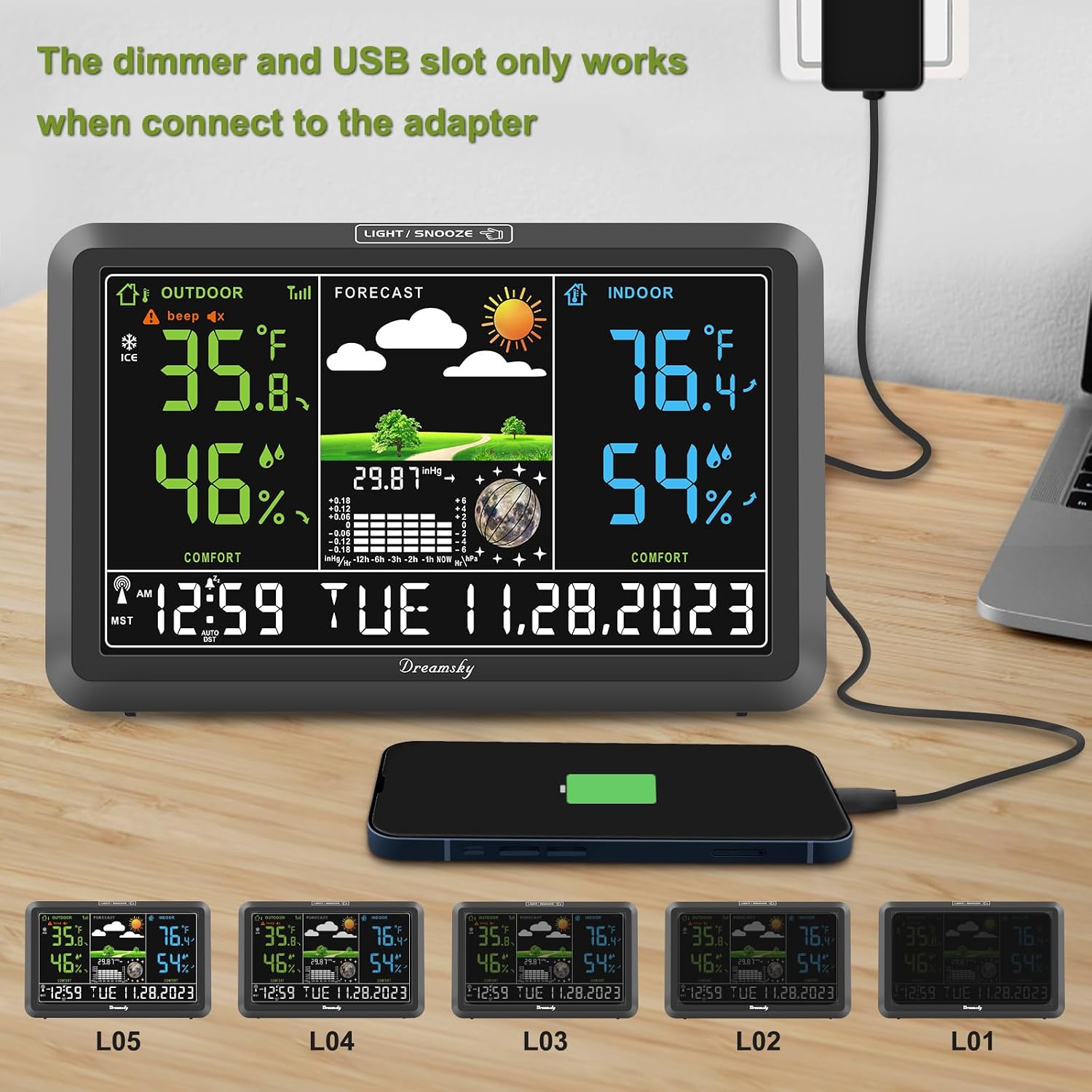 Dreamsky Weather Station Indoor Outdoor Thermometer Wireless, Atomic Clock | Digital Large Display With Backlight Dimmer, Usb Port, Inside Outside Temperature Humidity Monitor For Home (Plug-In)