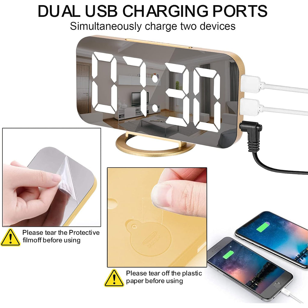Digital Alarm Clock,Led And Mirror Desk Clock Large Display,With Dual Usb Charger Ports,3 Levels Brightness,12/24H,Modern Electronic Clock For Bedroom Home Living Room Office - Gold
