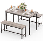 Dining Table Set For 4, Kitchen Table With 2 Benchs, Grey | Modern Functional 3 Piece Space-Saving Dining Room Table Set For Apartment, Breakfast Nook, Small Space