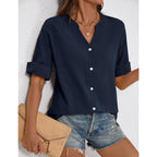 Lomon Womens 3/4 Sleeve Button Down Shirts Cotton Linen Roll Up Short Sleeve Tops V Neck Casual Loose Fit Blouses