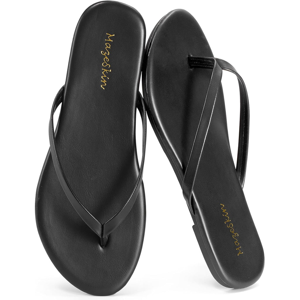 Mazeskin Women'S Memory Foam Comfortable Flat Thong Sandals Dressy Summer Beach Leather Slide Flip Flops