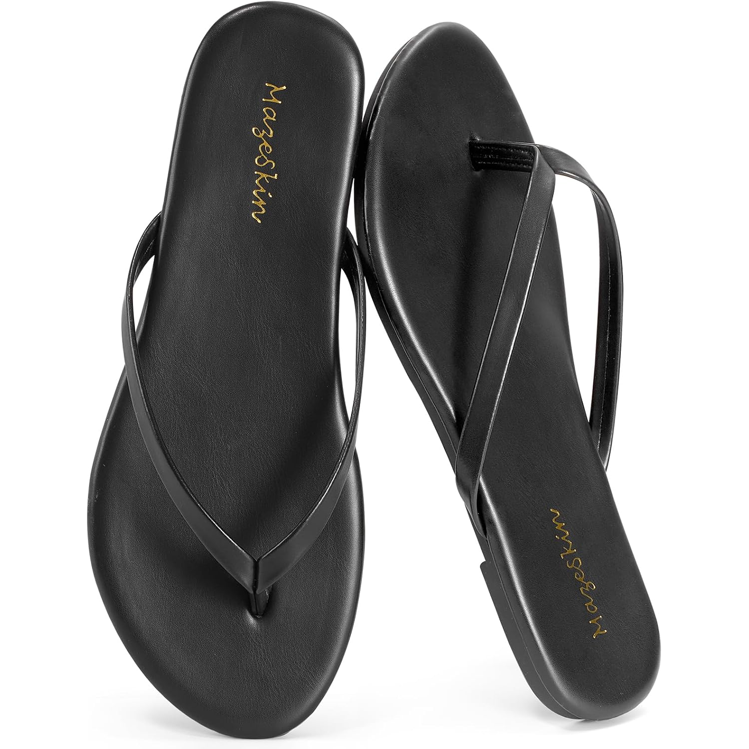Mazeskin Women'S Memory Foam Comfortable Flat Thong Sandals Dressy Summer Beach Leather Slide Flip Flops
