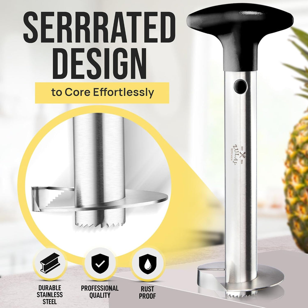 Zulay Kitchen Stainless Steel Pineapple Corer & Slicer – Heavy Duty Pineapple Cutter & Eye Removal Tool – Effortless Core Remover Tool With Sharp Reinforced Blade & Ergonomic Handle - Black