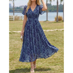 Lillusory Womens Summer Floral Maxi Dress Short Sleeve V Neck Wedding Guest Long Dresses With Pockets