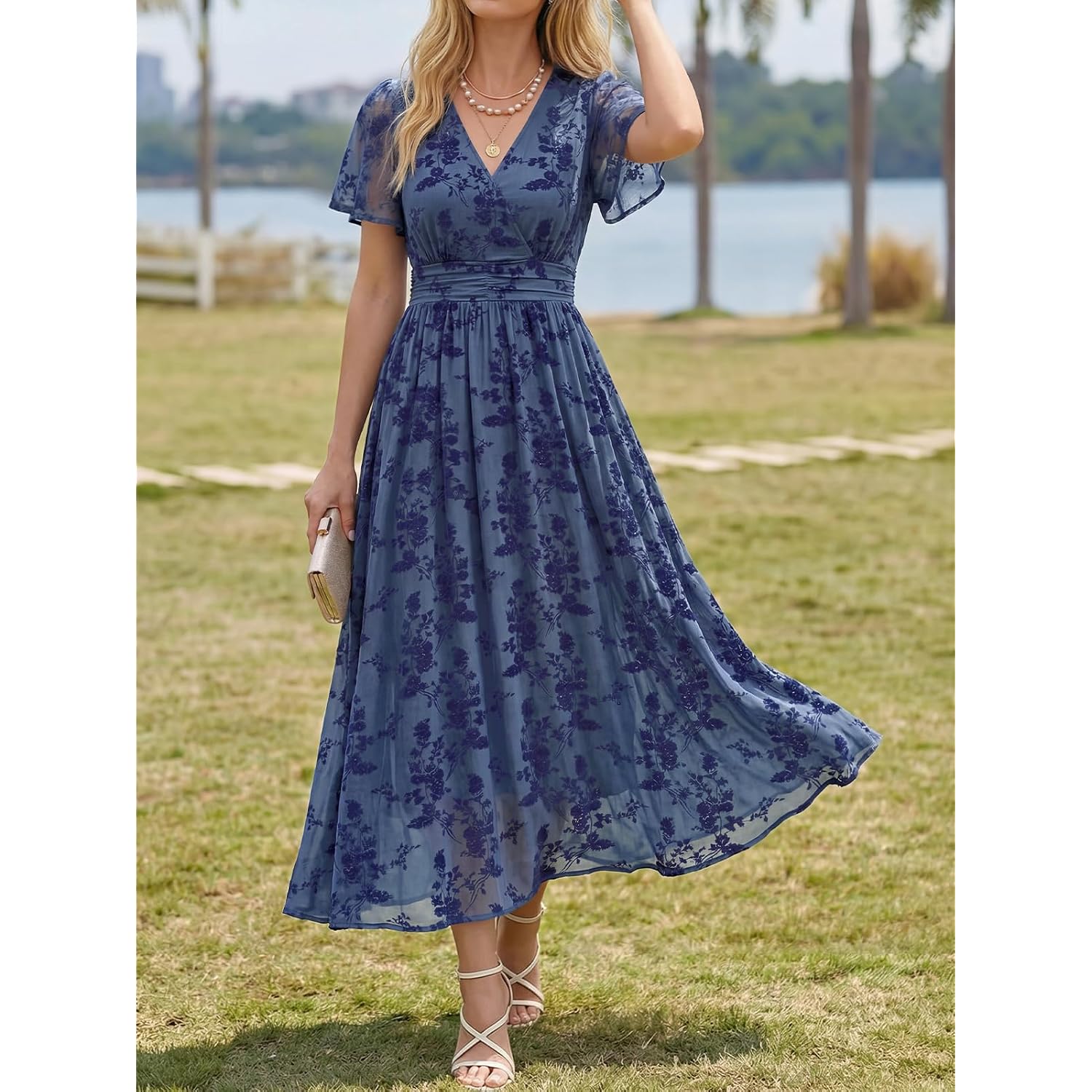 Lillusory Womens Summer Floral Maxi Dress Short Sleeve V Neck Wedding Guest Long Dresses With Pockets