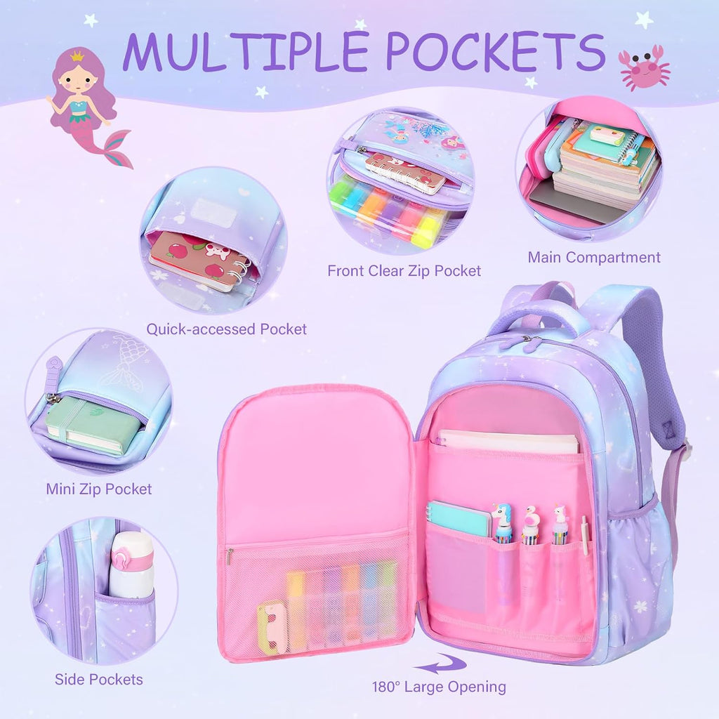 Acesak Kids School Backpack For Girls, Mermaids Bookbag Backpack With 14Oz Water Bottle, Lunch Bag Set For Girlsteens Middle Student, Girls Backpacks For School (Purple)