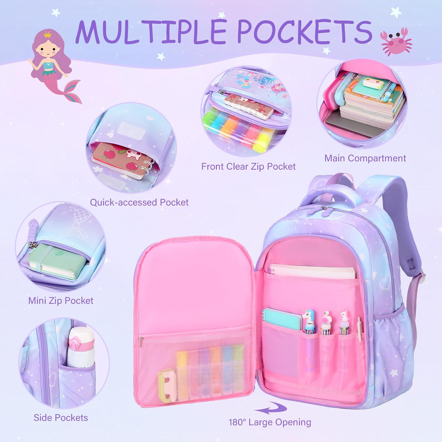Acesak Kids School Backpack For Girls, Mermaids Bookbag Backpack With 14Oz Water Bottle, Lunch Bag Set For Girlsteens Middle Student, Girls Backpacks For School (Purple)